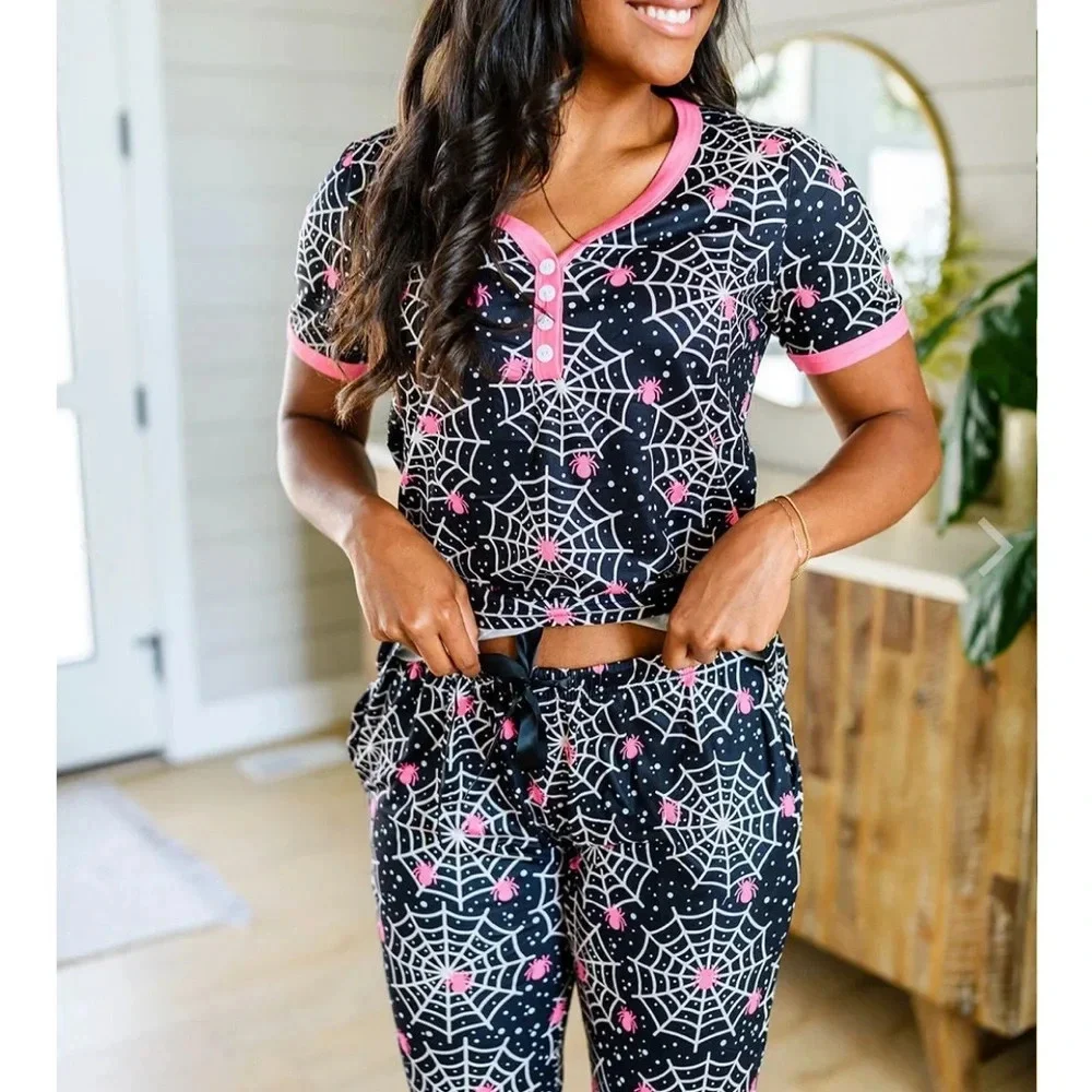 Shirley & Stone Halloween‎ spiderweb Jogger pajama set black & pink